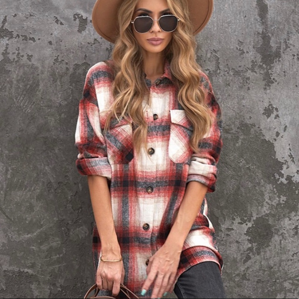 Restocked! Tartan Plaid Flannel Shacket Button Front Jacket Coat Shirt - Picture 2 of 7